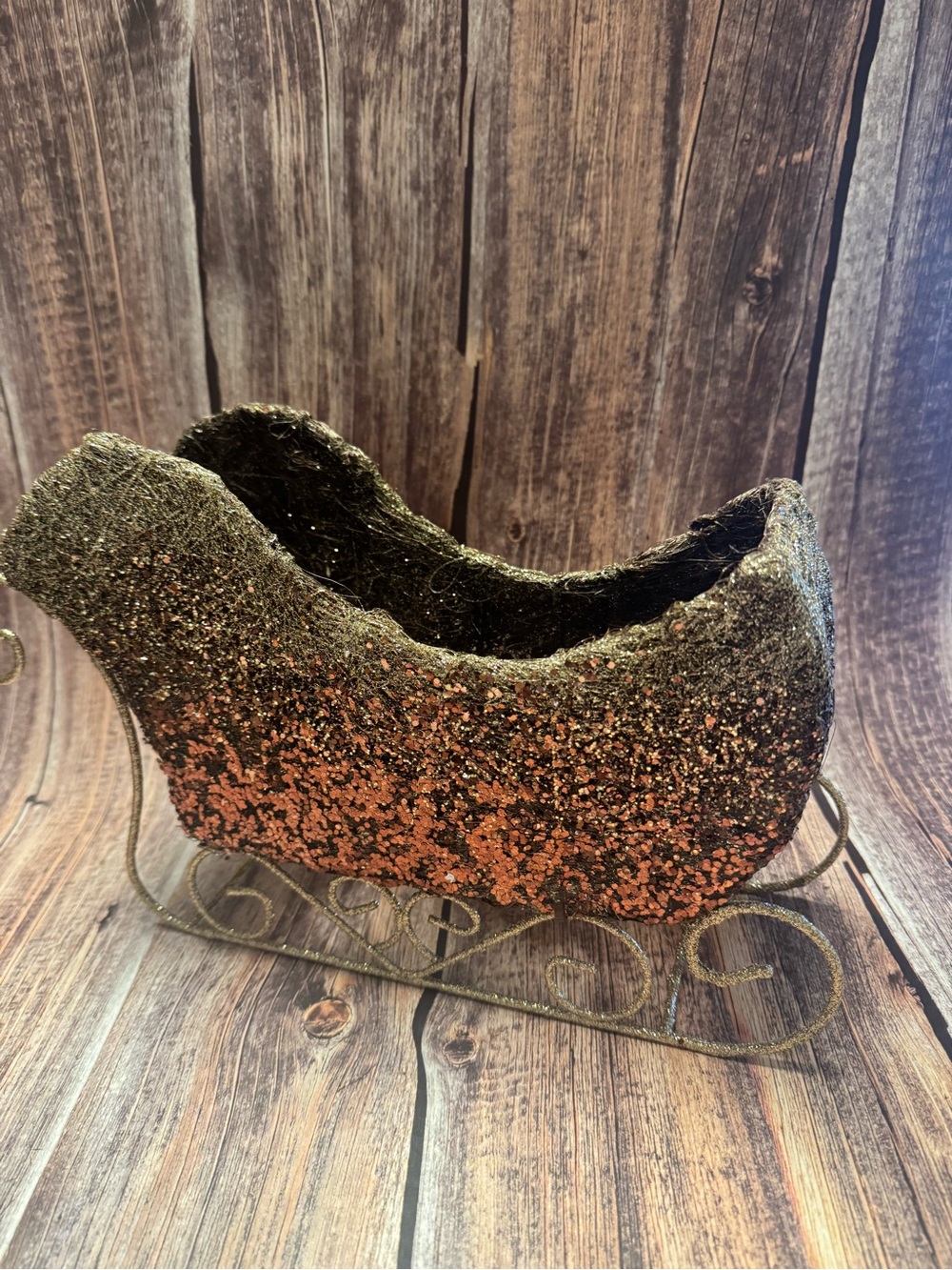 Preowned Pink and Gold Glitter 14”x4”x9” Sleigh Item #PHK7593